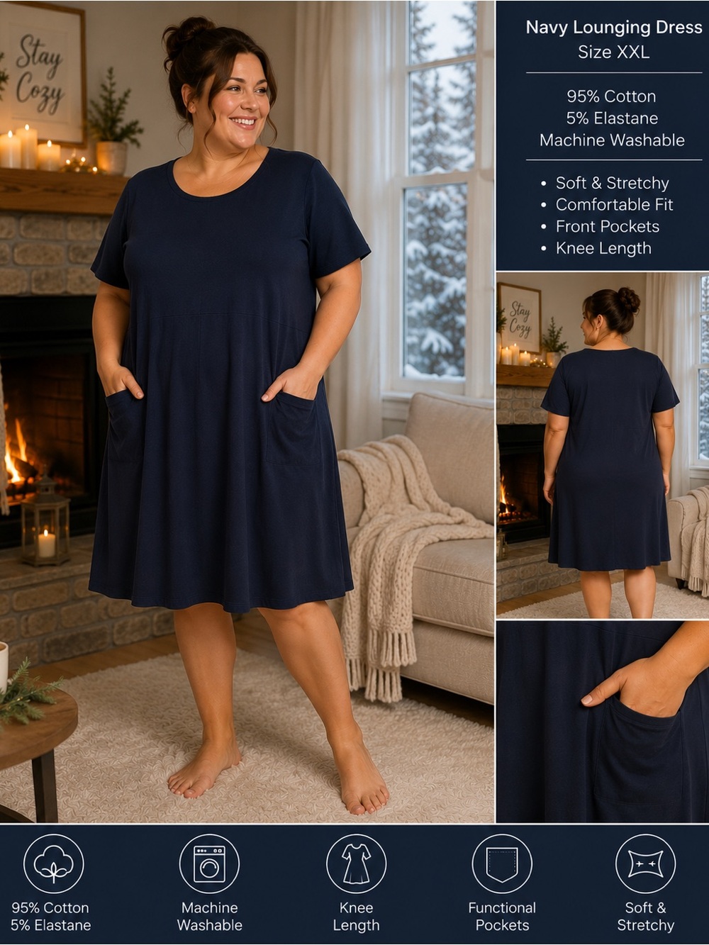 Plus Size Navy Short-Sleeve Midi Dress with Pockets